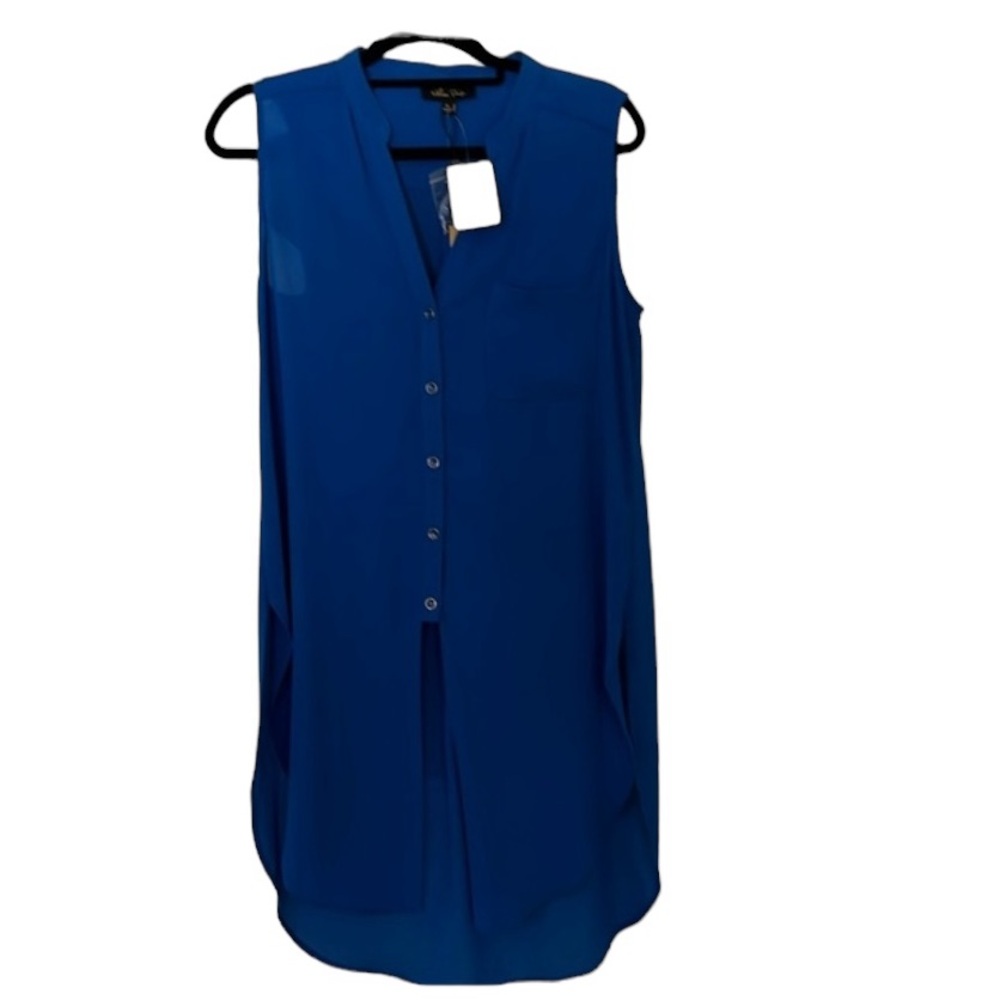 Melissa Paige size medium royal blue sleeveless long button down blouse NWT